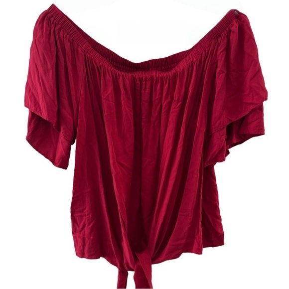 Women’s Plus Size Red Off The Shoulder Ruffle Short Sleeve Tie Top Blouse - Picture 1 of 8